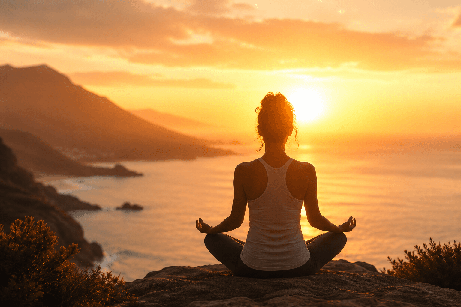 Person meditating at sunrise by the ocean, representing calm and healing.